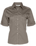 A women's short sleeve military shirt in a muted green colour, featuring button-up front and pockets, with a logo.