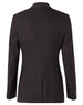A black women's mid-length jacket featuring two buttons and a fitted design, made from poly/viscose stretch fabric.