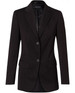 A black mid-length jacket with two buttons and a fitted design. Features pockets and a logo on the label.