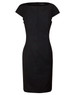 A black cap sleeve dress featuring a fitted silhouette and pleated detailing, designed in a wool blend stretch fabric.