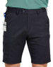 Men's utility cargo shorts in black featuring side pockets and a logo on the waistband. Suitable for various activities.