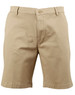 Men's stretch cotton chino shorts in a light beige colour, featuring a button closure and front pockets.