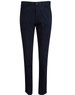 Navy blue ladies' chino pants with a fitted design, featuring side pockets and a button closure.