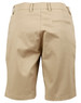 Tan stretch cotton chino shorts with a back pocket and waistband detailing. Features a logo on the waistband.