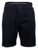 A pair of navy ladies' stretch cotton chino shorts with a button closure and pockets, featuring a branded logo.