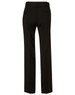 Black women's low rise pants in a wool stretch fabric, featuring a straight-leg cut and rear pockets.