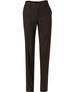 Women's low rise pants in dark brown poly/viscose stretch fabric, featuring a sleek design and a branded tag.