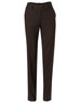 Women's low rise pants in dark brown poly/viscose stretch fabric, featuring a sleek design and a branded tag.
