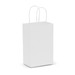 A small white paper carry bag featuring sturdy handles, ideal for gifting or shopping. A small white paper carry bag featuring sturdy handles, ideal for gifting or shopping.