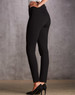 Black treggings with a high waist and slim-fit design, featuring a smooth, stretchy fabric. Suitable for various occasions.