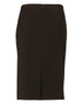 A women's mid-length lined pencil skirt in dark brown poly/viscose stretch stripe with a back zipper.