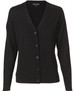 A black women's 100% Merino wool long sleeve cardigan with a v-neck and button closure, featuring a subtle logo.