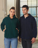 A green and navy unisex polar fleece jumper, featuring long sleeves and a half-zip collar, on two models.