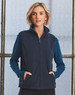 A unisex polar fleece vest in navy, featuring a zip front and side pockets. The model is wearing a long-sleeve top underneath.
