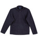 A navy blue polar fleece jacket with a full zip, featuring side pockets and a round collar. It has a logo.