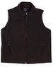 A black fleece vest for men with a zip front, side pockets, and a branding logo on the collar.