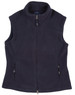 A navy ladies' bonded polar fleece vest with a zip front and side pockets, featuring a logo.