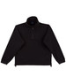 A black polar fleece pullover for kids featuring a half zipper and elastic cuffs. It has a logo on the chest.