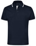 A black unisex polo shirt featuring contrast trim on the collar and sleeves, with a logo on the chest.