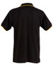 A black polo shirt with a yellow trim on the collar and sleeves, featuring a logo on the front.