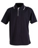 A men's polo shirt in navy blue with contrasting white trim and a standard collar. It features a logo on the chest.