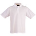 A white unisex traditional polo shirt featuring a collar and short sleeves, with a logo on the front.