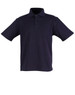 A navy blue children's polo shirt with a collar and short sleeves, featuring a button placket and a logo.