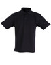 A black children’s traditional polo shirt with a collar and short sleeves, featuring a logo.