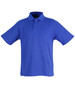 A blue children's polo shirt featuring short sleeves and a classic collar, with a button placket and branding.