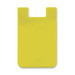 A bright yellow silicone phone wallet featuring a wave design and a slot for cards. It has a smooth texture and a logo.