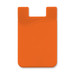 An orange silicone phone wallet with a curved top and a recessed area for cards. It features a branding logo.