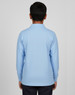 A back view of a light blue long-sleeved polo shirt with a collar, featuring a logo.