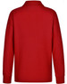 A red long sleeve polo shirt made from poly/cotton pique knit, featuring a collar and a logo.