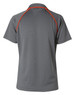A grey polo shirt with short sleeves and orange accents, featuring a logo on the back.