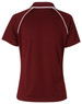 A maroon ladies polo shirt with short sleeves and white piping, featuring a logo.