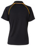 A black short-sleeved polo shirt with yellow piping and a logo on the back. Stylish and casual design for ladies.
