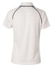A white men's Cooldry raglan short sleeve polo shirt with contrasting black detailing and a logo on the back.