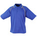 A blue men's polo shirt with short sleeves and yellow piping, featuring a collar and three buttons.