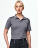 A grey short-sleeve polo shirt with subtle detailing on the shoulders, featuring a logo on the chest.
