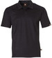 A black short-sleeve polo shirt featuring a logo and textured shoulder detail. Suitable for workwear.