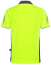 A bright yellow polo shirt with grey accents and a logo. The back features a sleek design.