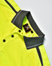 A bright yellow polo shirt featuring a grey collar and stripe detailing, with a branding label visible.