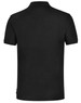 A black polo shirt featuring a classic collar and short sleeves, with a branding logo on the side.