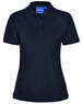 A black ladies' polo shirt with a classic collar and short sleeves, featuring a branded label.