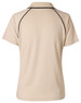 A beige kid's polo shirt with short raglan sleeves and contrasting black seams. It features a logo on the collar.