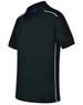 A black men's polo shirt featuring white piping and a collar, with branding visible.