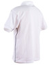 A white men's polo shirt with contrasting black piping and branding on the back.