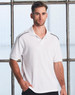 A white polo shirt featuring black accents, designed for men, with a logo on the chest.