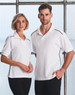 A white polo shirt with contrasting black accents, displayed on a male and female model. The shirt features a logo.