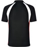 A black men's tri sport polo shirt featuring white and red accents on the sides and back, with a logo visible.